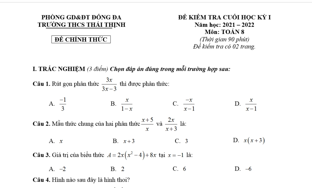 Toán 8-Đề kiểm tra cuối kì 1 Trường THCSThái Thịnh-Đống Đa năm học 2021-2022